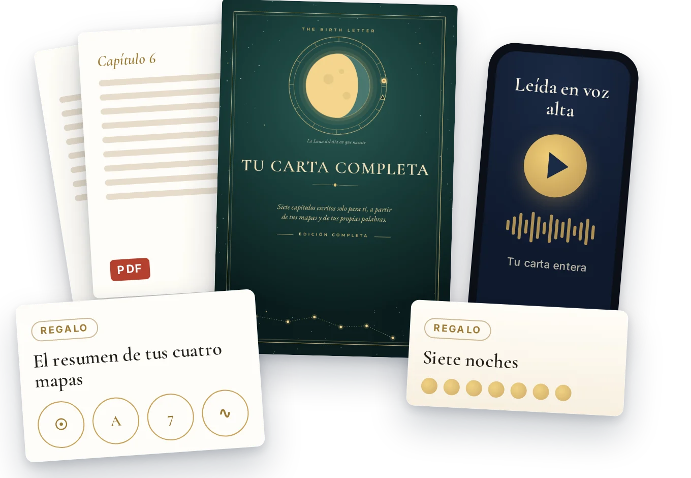 Lo que recibes: tu carta completa, en siete capítulos, con la versión en audio y un PDF para guardar, y dos regalos: tu resumen de los cuatro mapas y «Siete noches».